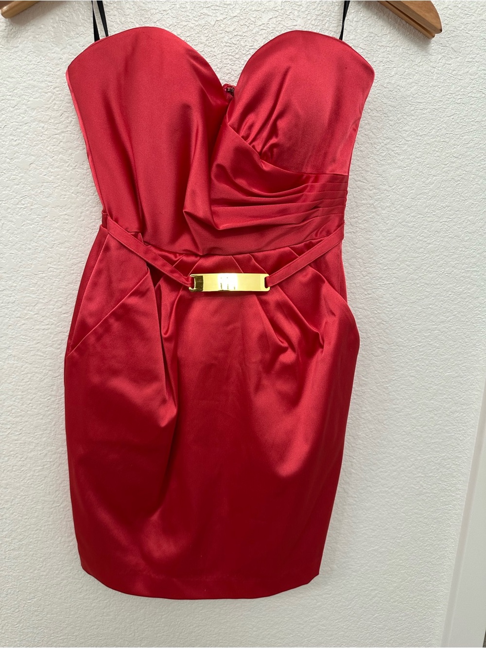 Strapless Hot Pink Satin Cocktail Dress with Gold Accent